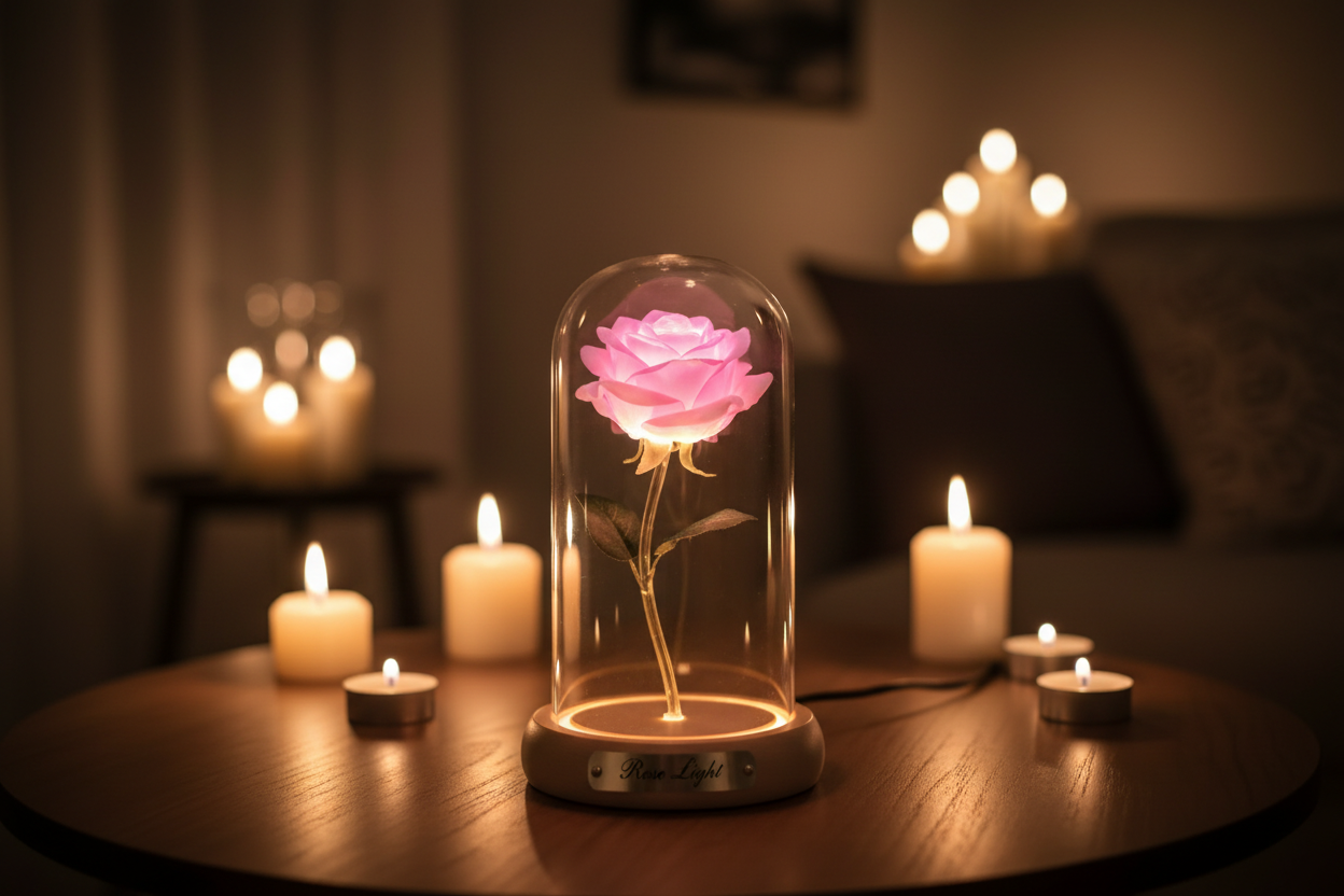Rose Light LED Decorative Display – Red Rose Under Glass Dome