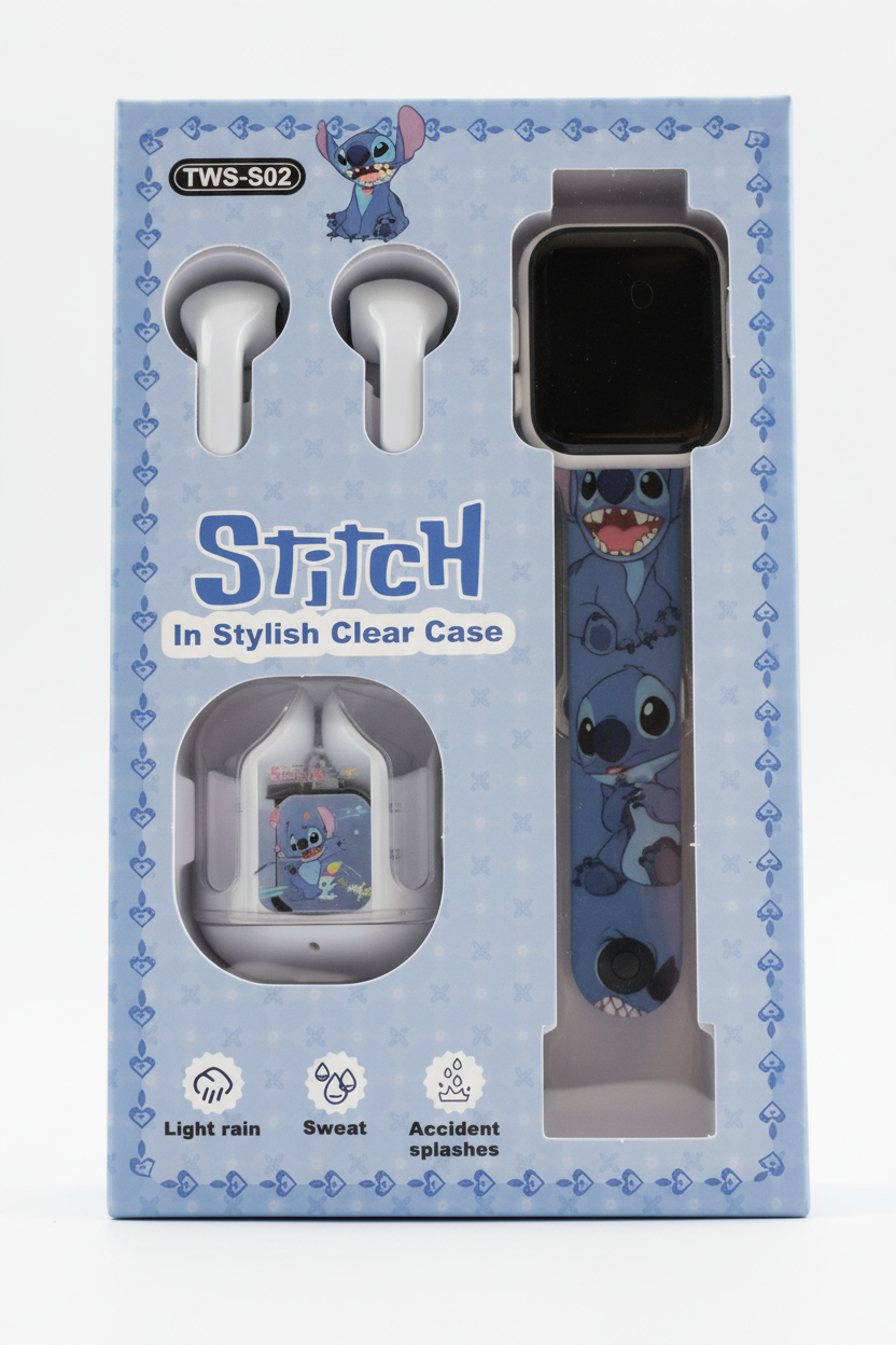 Stitch-Themed Smart Watch, Wireless Earbuds & Charging Case Set